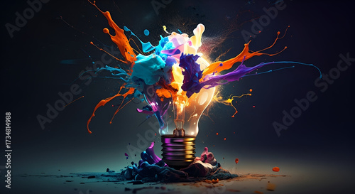 Creative light bulb explodes with colorful paint and splashes on a black background. Think differently creative idea concept.