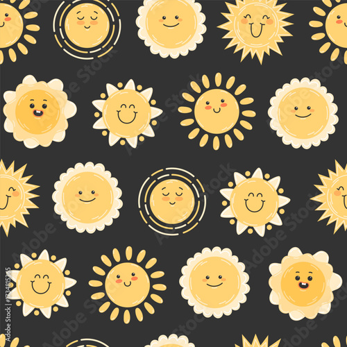 Seamless pattern of cartoon suns with various facial expressions on a dark background