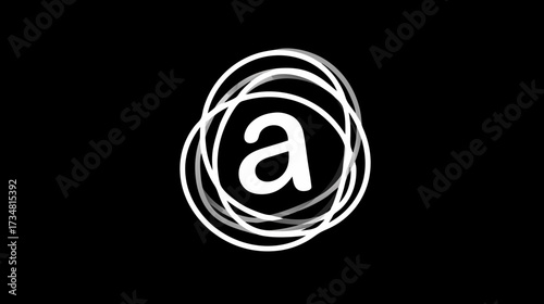 Abstract white lowercase 'a' letter graphic element surrounded by dynamic overlapping circles on a stark black background, modern design.
