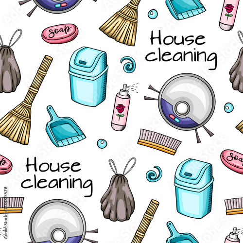 Seamless pattern of cleaning supplies and text