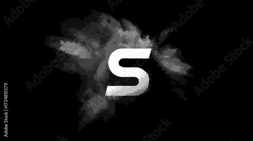 Dynamic white letter S with an ethereal smoky cloud burst on a stark black background, abstract graphic design element.