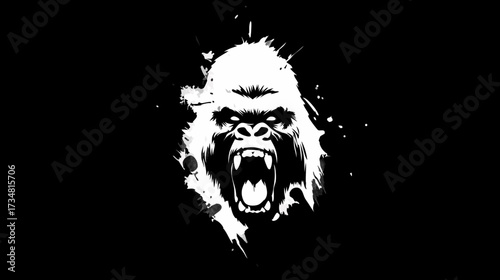 Aggressive gorilla head illustration with bared fangs in a striking black and white grunge style, symbolizing power and wild nature.