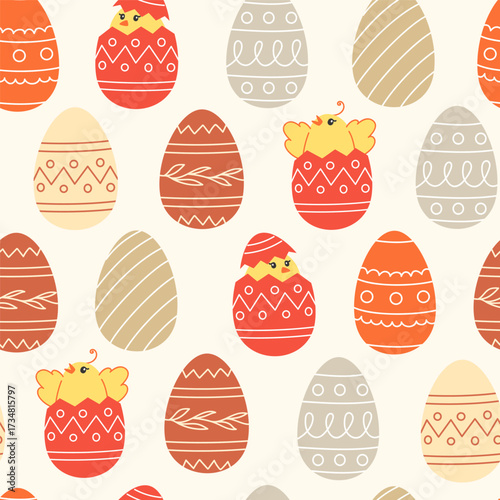 Seamless pattern of colorful Easter eggs with chicks
