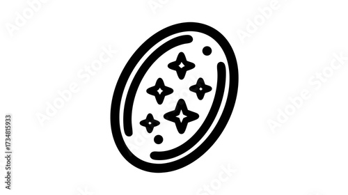 Minimalist sparkling clean oval object icon, symbolizing freshness, quality, shine, and newness in a simple line art style.