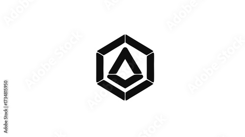Modern geometric abstract logo design featuring a black hexagon enclosing a stylized triangle symbol on a clean white background