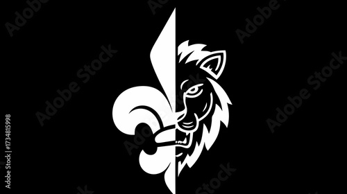 Regal black and white vector symbol featuring a heraldic fleur-de-lis merged with a powerful lion head, representing elegance and strength.
