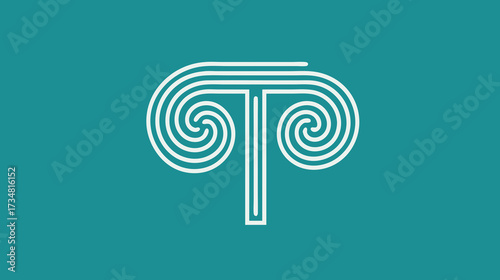 Elegant capital T letter icon with decorative spiral elements, abstract minimalist design on a vibrant teal background.