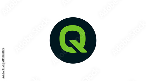 Modern green letter Q in a dark circle, minimalist alphabet typography icon, simple initial design element, digital graphic.