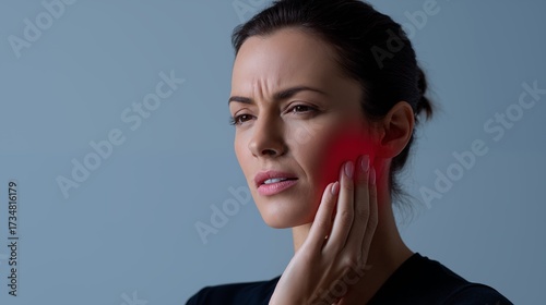 Close-up woman touching sore cheek with red highlight, toothache and TMJ jaw pain on neutral background
