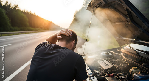 Man in Distress with Broken Car on Road