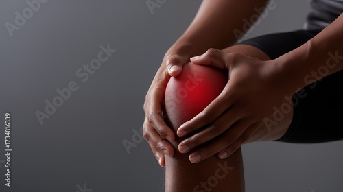 Wallpaper Mural Close-up hands holding painful knee with red highlight on neutral background, joint pain and injury concept Torontodigital.ca