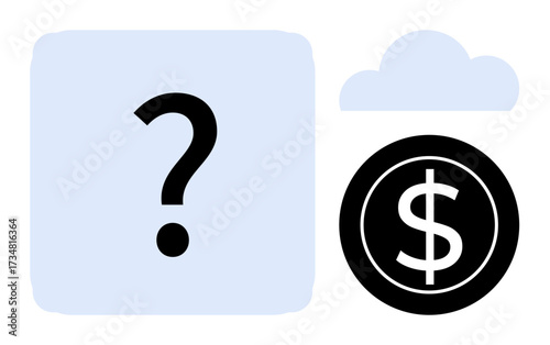 Question mark beside money symbol and cloud highlights ambiguity, financial choices, or challenges. Ideal for finance, investment, savings, questions, uncertainty, cloud computing or business