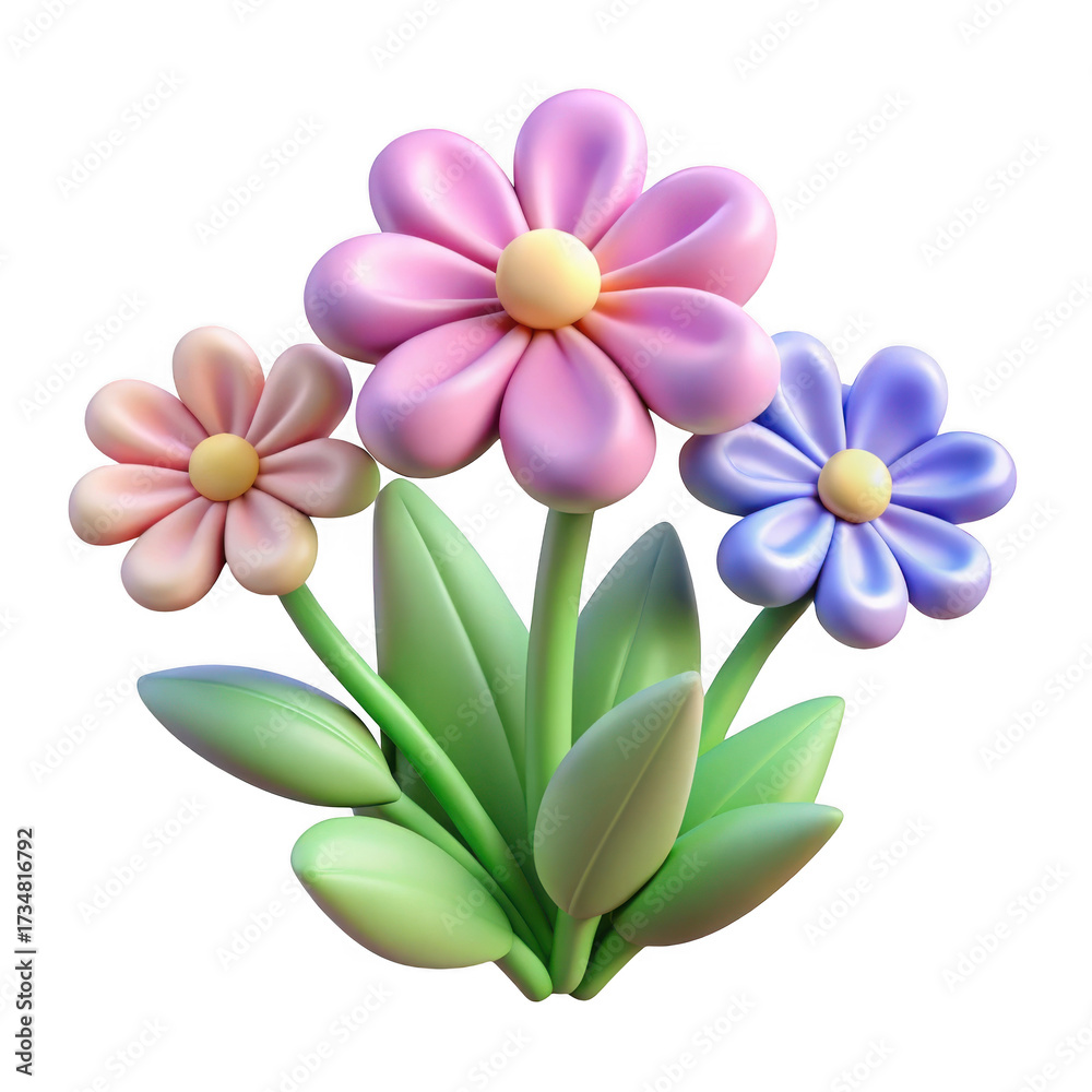 Obraz premium 3d pink purple and yellow flowers bouquet isolated on transparent background