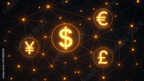 Conceptual image of global finance with glowing currency symbols representing major currencies in a network.