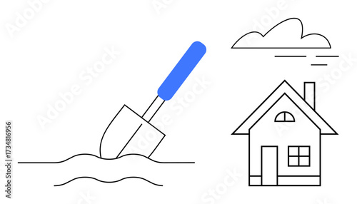 Shovel digging soil, house outline with chimney, cloud in minimal style. Ideal for construction, gardening, real estate, homebuilding, sustainability outdoor work foundation concepts. Simple flat