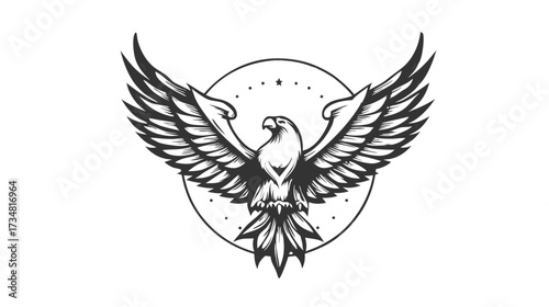 Vintage style eagle illustration with spread wings, majestic bird of prey drawing in black and white, freedom symbol, heraldic animal vector.