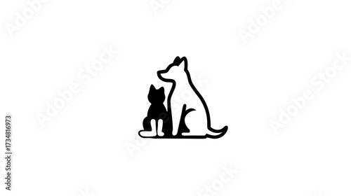 Minimalist black and white graphic illustration featuring a loyal dog and a cute cat sitting together, symbolizing pet friendship and companionship.