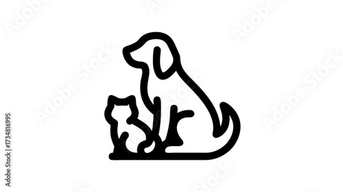 Simple black and white line art icon featuring a dog and a cat sitting together, representing pets, companionship, and animal care.