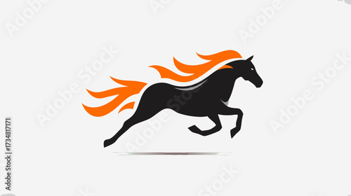 Dynamic black horse vector icon with fiery orange mane and tail, galloping wild mustang symbol for speed and power.