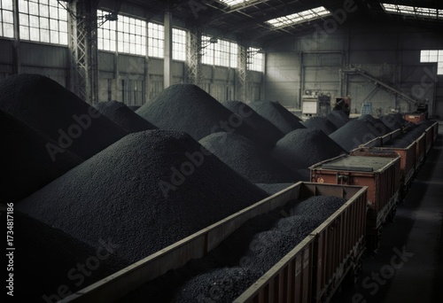 Massive Coal Piles in a Warehouse: Industrial Conveyor Belts Loading Tones of Fuel into Rail Cars for Transport and Energy