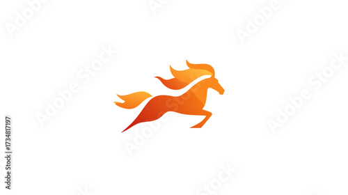 Stylized galloping horse illustration with fiery mane and tail, abstract graphic logo concept in vibrant orange gradient on white background
