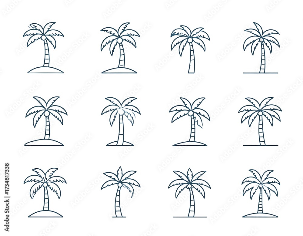 Obraz premium Twelve simple line art illustrations of palm trees, varying slightly in leaf and trunk details, set against a plain white background.
