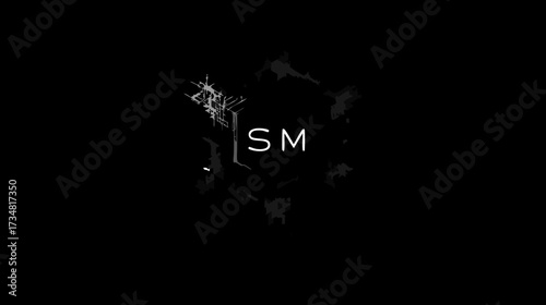 Modern Abstract Geometric Design with Glowing Digital Particles and 'SM' Letters on a Dark Background, Technology Concept