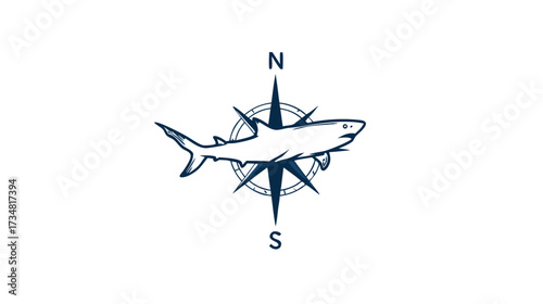 Stylized Blue Shark and Compass Rose Navigation Symbol. Marine Wildlife and Ocean Adventure Graphic Design on White Background.