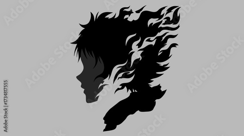 Abstract silhouette of a man's head and hair dissolving into fiery smoke, symbolizing powerful emotion, stress, or mental transformation.