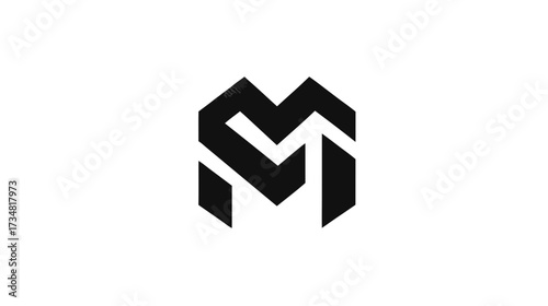 Abstract geometric modern black letter M or VM initial logo design on white background, minimal and clean graphic element