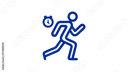 Blue outline icon of a running person with a clock, symbolizing speed, urgency, quickness, and time management for tasks or fitness.