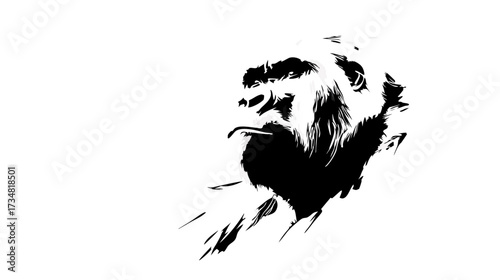 Dynamic Black and White Gorilla Head Illustration, Powerful Primate Graphic Art, Wild Animal Design Element on White Background