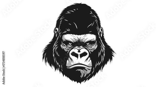 Striking gorilla head illustration, detailed black and white vector art embodying strength, power, and wild animal spirit.