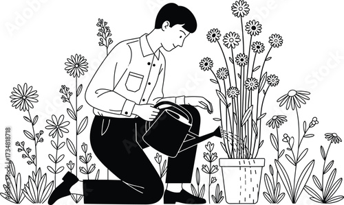 "Black and White Vector of Person Watering Potted Flowering Plants in Garden Scene for Nature Care, Growth, and Eco Living"