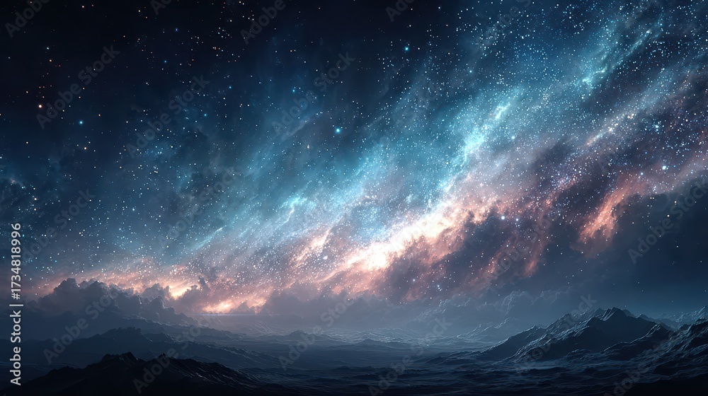 Naklejka premium Spectacular Milky Way Galaxy Over Mountain Range at Night, Space Landscape
