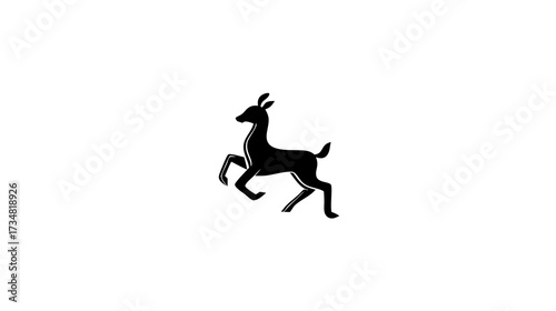 Stylized black silhouette of a playful young deer or fawn prancing dynamically on a clean white background, minimalist graphic element.