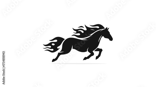 Dynamic black silhouette of a running horse with a fiery mane and tail, symbolizing power, speed, and energy on a white background.