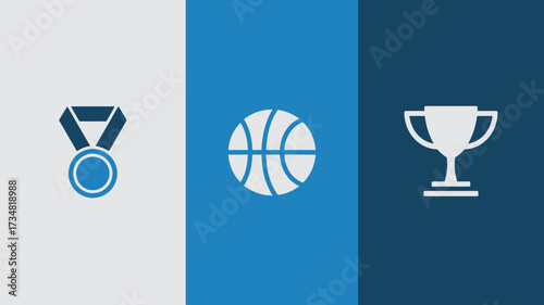 Set of sports icons including a medal basketball and trophy simple flat vector design element for sports apps and websites isolated on white and blue background