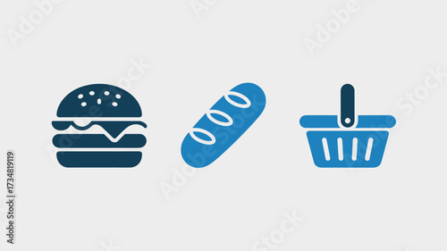 Set of food and shopping icons simple glyph vector design elements isolated on white background for web and mobile apps
