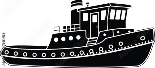 "Black silhouette of tugboat with cabin, smokestack, and portholes, ideal for harbor, marine transport, industrial, and nautical design"