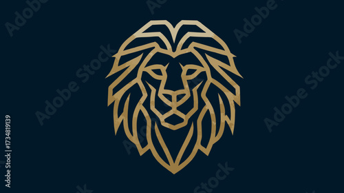 Elegant golden geometric lion head illustration on a dark blue background, symbolizing strength, courage, leadership, and power. Modern abstract animal icon design.