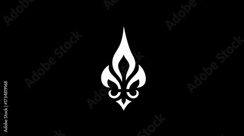 Stylized White Fleur-de-Lis and Flame-Inspired Abstract Emblem on Black Background, Intricate Ornamental Graphic Design Symbol