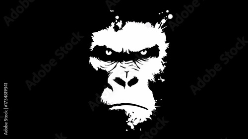 Intense Gorilla Face Vector Illustration: Striking Black and White Primate Head with Angry Expression and Grunge Texture