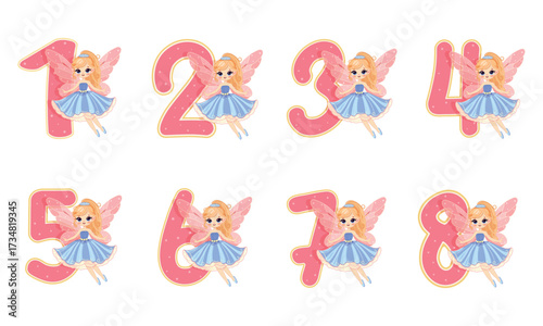 Set of cute and smiling fairy girl with numbers 1, 2, 3, 4, 5, 6, 7, 8 on white background. Birthday Party, Banner, Flyer, Greeting Card. Vector illustration in flat cartoon style