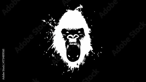 Angry white gorilla head graphic with grunge splatter effect on a black background, powerful primate illustration, aggressive ape icon