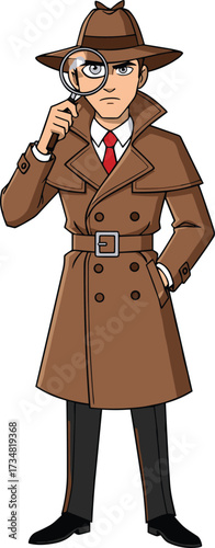 Cartoon detective character in trench coat and fedora with magnifying glass, symbolizing mystery investigation, analysis, and crime-solving concept illustration.
