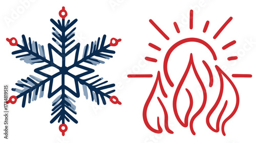 Vector illustration of contrasting weather icons: a blue snowflake symbolizing cold winter and a red sun with flames for hot summer.