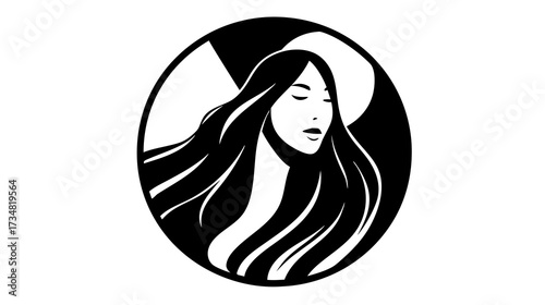 Elegant black and white circular graphic illustration of a serene woman's face with long flowing hair