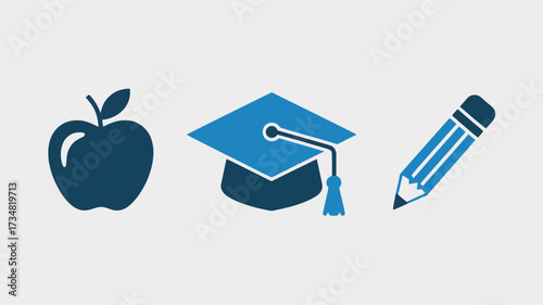 Education icon set with apple graduation cap and pencil simple flat vector design for school and learning resources isolated on white background