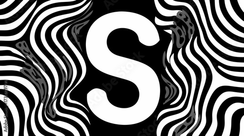 Bold white uppercase letter S on dynamic black and white wavy stripes, abstract graphic pattern, optical illusion effect.